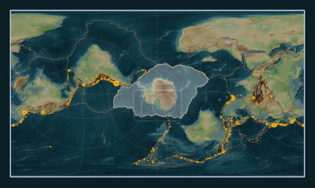 Téléchargez les photos : Plaque tectonique antarctique sur la carte d'altitude de style Wiki dans la projection oblique cylindrique de Patterson centrée méridionale et latitudinale. Lieux des tremblements de terre de plus de 6,5 magnitude enregistrés depuis le début du 17ème siècle - en image libre de droit