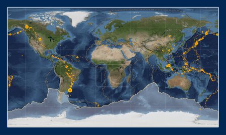 Téléchargez les photos : Plaque tectonique antarctique sur la carte satellite Blue Marble dans la projection cylindrique Patterson centrée méridionale. Lieux des tremblements de terre de plus de 6,5 magnitude enregistrés depuis le début du 17ème siècle - en image libre de droit