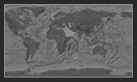 Photo for Arabian tectonic plate on the bilevel elevation map in the Patterson Cylindrical projection centered meridionally. Boundaries of other plates - Royalty Free Image
