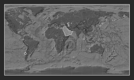 Photo for Arabian tectonic plate on the bilevel elevation map in the Patterson Cylindrical projection centered meridionally. Locations of earthquakes above 6.5 magnitude recorded since the early 17th century - Royalty Free Image