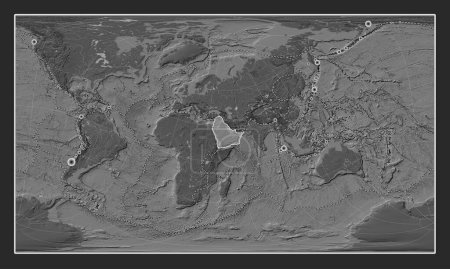Photo for Arabian tectonic plate on the bilevel elevation map in the Patterson Cylindrical Oblique projection centered meridionally and latitudinally. Locations of earthquakes above 6.5 magnitude recorded since the early 17th century - Royalty Free Image