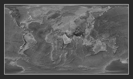 Photo for Arabian tectonic plate on the grayscale elevation map in the Patterson Cylindrical Oblique projection centered meridionally and latitudinally. Locations of earthquakes above 6.5 magnitude recorded since the early 17th century - Royalty Free Image