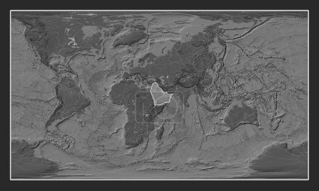 Photo for Arabian tectonic plate on the bilevel elevation map in the Patterson Cylindrical Oblique projection centered meridionally and latitudinally. Boundaries of other plates - Royalty Free Image