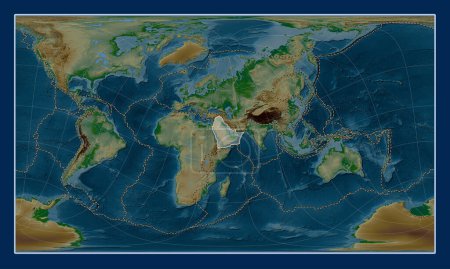 Photo for Arabian tectonic plate on the physical elevation map in the Patterson Cylindrical Oblique projection centered meridionally and latitudinally. Boundaries of other plates - Royalty Free Image