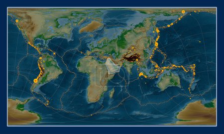Photo for Arabian tectonic plate on the physical elevation map in the Patterson Cylindrical Oblique projection centered meridionally and latitudinally. Locations of earthquakes above 6.5 magnitude recorded since the early 17th century - Royalty Free Image