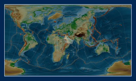 Photo for Arabian tectonic plate on the physical elevation map in the Patterson Cylindrical Oblique projection centered meridionally and latitudinally. Distribution of known volcanoes - Royalty Free Image