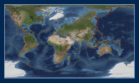 Photo for Arabian tectonic plate on the Blue Marble satellite map in the Patterson Cylindrical Oblique projection centered meridionally and latitudinally. Distribution of known volcanoes - Royalty Free Image