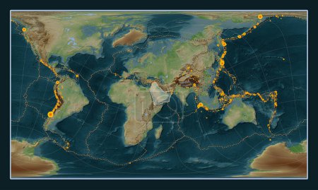 Photo for Arabian tectonic plate on the Wiki style elevation map in the Patterson Cylindrical Oblique projection centered meridionally and latitudinally. Locations of earthquakes above 6.5 magnitude recorded since the early 17th century - Royalty Free Image