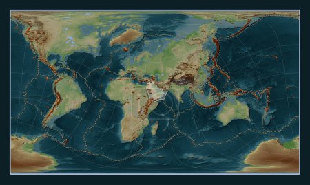 Téléchargez les photos : Plaque tectonique arabe sur la carte d'élévation de style Wiki dans la projection oblique cylindrique de Patterson centrée méridionale et latitudinale. Distribution des volcans connus - en image libre de droit