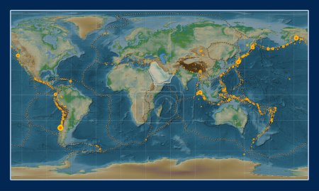 Photo for Arabian tectonic plate on the physical elevation map in the Patterson Cylindrical projection centered meridionally. Locations of earthquakes above 6.5 magnitude recorded since the early 17th century - Royalty Free Image