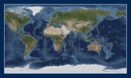 Photo for Arabian tectonic plate on the Blue Marble satellite map in the Patterson Cylindrical projection centered meridionally. Boundaries of other plates - Royalty Free Image