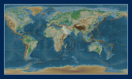 Photo for Arabian tectonic plate on the physical elevation map in the Patterson Cylindrical projection centered meridionally. Distribution of known volcanoes - Royalty Free Image
