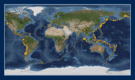 Photo for Arabian tectonic plate on the Blue Marble satellite map in the Patterson Cylindrical projection centered meridionally. Locations of earthquakes above 6.5 magnitude recorded since the early 17th century - Royalty Free Image