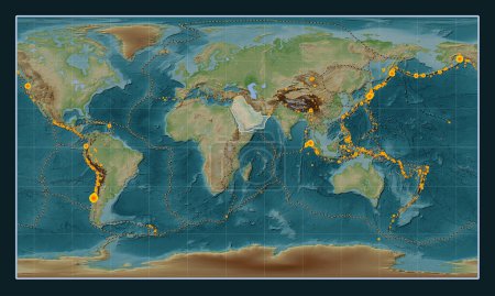 Photo for Arabian tectonic plate on the Wiki style elevation map in the Patterson Cylindrical projection centered meridionally. Locations of earthquakes above 6.5 magnitude recorded since the early 17th century - Royalty Free Image