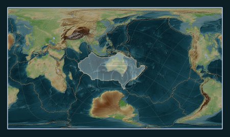 Téléchargez les photos : Plaque tectonique australienne sur la carte d'élévation de style Wiki dans la projection oblique cylindrique Patterson centrée méridionale et latitudinale. Limites des autres plaques - en image libre de droit