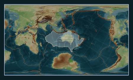 Téléchargez les photos : Plaque tectonique australienne sur la carte d'élévation de style Wiki dans la projection oblique cylindrique Patterson centrée méridionale et latitudinale. Distribution des volcans connus - en image libre de droit