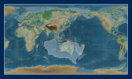 Téléchargez les photos : Plaque tectonique australienne sur la carte physique de l'altitude dans la projection cylindrique Patterson centrée méridionale. Limites des autres plaques - en image libre de droit