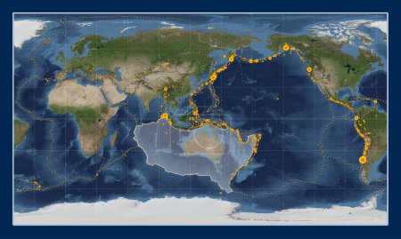 Téléchargez les photos : Plaque tectonique australienne sur la carte satellite Blue Marble dans la projection cylindrique Patterson centrée méridionale. Lieux des tremblements de terre de plus de 6,5 magnitude enregistrés depuis le début du 17ème siècle - en image libre de droit