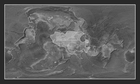 Foto de Placa tectónica eurasiática en el mapa de elevación a escala de grises en la proyección cilíndrica oblicua Patterson centrada meridional y latitudinalmente. Límites de otras placas - Imagen libre de derechos