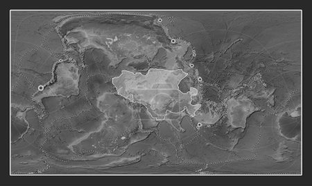 Photo for Eurasian tectonic plate on the grayscale elevation map in the Patterson Cylindrical Oblique projection centered meridionally and latitudinally. Locations of earthquakes above 6.5 magnitude recorded since the early 17th century - Royalty Free Image