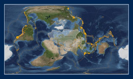 Photo for Eurasian tectonic plate on the Blue Marble satellite map in the Patterson Cylindrical Oblique projection centered meridionally and latitudinally. Locations of earthquakes above 6.5 magnitude recorded since the early 17th century - Royalty Free Image