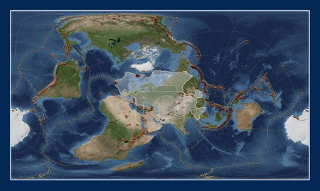 Téléchargez les photos : Plaque tectonique eurasienne sur la carte satellite Blue Marble dans la projection oblique cylindrique de Patterson centrée méridionale et latitudinale. Distribution des volcans connus - en image libre de droit