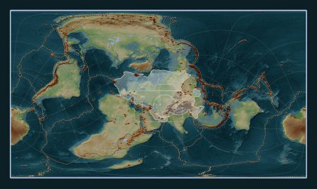 Téléchargez les photos : Plaque tectonique eurasienne sur la carte d'élévation de style Wiki dans la projection oblique cylindrique Patterson centrée méridionale et latitudinale. Distribution des volcans connus - en image libre de droit