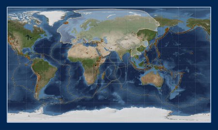 Photo for Eurasian tectonic plate on the Blue Marble satellite map in the Patterson Cylindrical projection centered meridionally. Distribution of known volcanoes - Royalty Free Image