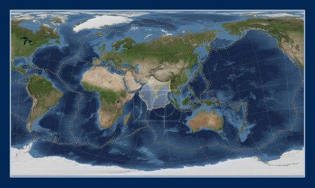 Photo for Indian tectonic plate on the Blue Marble satellite map in the Patterson Cylindrical Oblique projection centered meridionally and latitudinally. Boundaries of other plates - Royalty Free Image