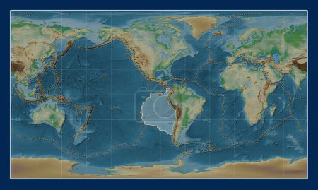 Photo for Nazca tectonic plate on the physical elevation map in the Patterson Cylindrical projection centered meridionally. Distribution of known volcanoes - Royalty Free Image