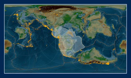 Photo for North American tectonic plate on the physical elevation map in the Patterson Cylindrical Oblique projection centered meridionally and latitudinally. Locations of earthquakes above 6.5 magnitude recorded since the early 17th century - Royalty Free Image