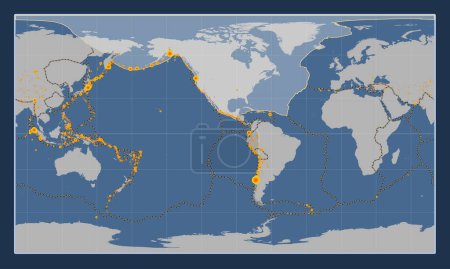 Téléchargez les photos : Plaque tectonique nord-américaine sur la carte de contour solide dans la projection cylindrique Patterson centrée méridionale. Lieux des tremblements de terre de plus de 6,5 magnitude enregistrés depuis le début du 17ème siècle - en image libre de droit