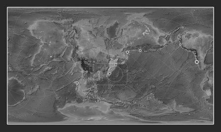 Photo for Okhotsk tectonic plate on the grayscale elevation map in the Patterson Cylindrical Oblique projection centered meridionally and latitudinally. Locations of earthquakes above 6.5 magnitude recorded since the early 17th century - Royalty Free Image
