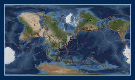 Photo for Okhotsk tectonic plate on the Blue Marble satellite map in the Patterson Cylindrical Oblique projection centered meridionally and latitudinally. Distribution of known volcanoes - Royalty Free Image