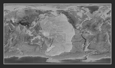 Photo for Pacific tectonic plate on the grayscale elevation map in the Patterson Cylindrical projection centered meridionally. Locations of earthquakes above 6.5 magnitude recorded since the early 17th century - Royalty Free Image