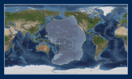 Foto de Placa tectónica del Pacífico en el mapa satélite de mármol azul en la proyección cilíndrica oblicua Patterson centrada meridional y latitudinalmente. Límites de otras placas - Imagen libre de derechos