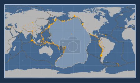 Téléchargez les photos : Plaque tectonique du Pacifique sur la carte de contour solide dans la projection oblique cylindrique de Patterson centrée méridionale et latitudinale. Lieux des tremblements de terre de plus de 6,5 magnitude enregistrés depuis le début du 17ème siècle - en image libre de droit