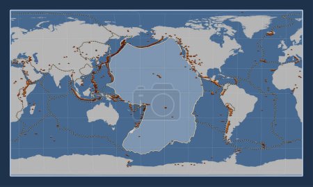 Téléchargez les photos : Plaque tectonique du Pacifique sur la carte de contour solide dans la projection oblique cylindrique de Patterson centrée méridionale et latitudinale. Distribution des volcans connus - en image libre de droit