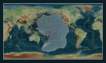 Téléchargez les photos : Plaque tectonique du Pacifique sur la carte d'élévation de style Wiki dans la projection oblique cylindrique de Patterson centrée méridionale et latitudinale. Distribution des volcans connus - en image libre de droit