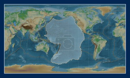 Téléchargez les photos : Pacific tectonic plate on the physical elevation map in the Patterson Cylindrical projection centered meridionally. Limites des autres plaques - en image libre de droit