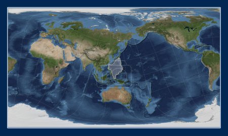 Photo for Philippine Sea tectonic plate on the Blue Marble satellite map in the Patterson Cylindrical Oblique projection centered meridionally and latitudinally. - Royalty Free Image
