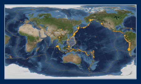 Photo for Philippine Sea tectonic plate on the Blue Marble satellite map in the Patterson Cylindrical Oblique projection centered meridionally and latitudinally. Locations of earthquakes above 6.5 magnitude recorded since the early 17th century - Royalty Free Image