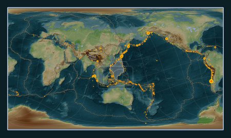 Téléchargez les photos : Plaque tectonique de la mer des Philippines sur la carte d'élévation de style Wiki dans la projection oblique cylindrique de Patterson centrée méridionale et latitudinale. Lieux des tremblements de terre de plus de 6,5 magnitude enregistrés depuis le début du 17ème siècle - en image libre de droit