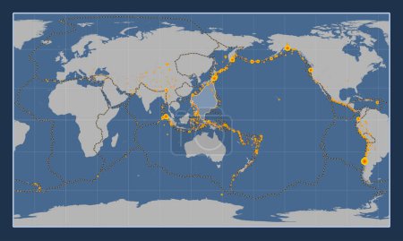 Téléchargez les photos : Plaque tectonique de la mer des Philippines sur la carte de contour solide dans la projection cylindrique Patterson centrée méridionale. Lieux des tremblements de terre de plus de 6,5 magnitude enregistrés depuis le début du 17ème siècle - en image libre de droit