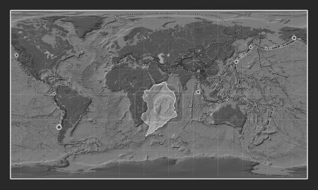 Photo for Somalian tectonic plate on the bilevel elevation map in the Patterson Cylindrical projection centered meridionally. Locations of earthquakes above 6.5 magnitude recorded since the early 17th century - Royalty Free Image
