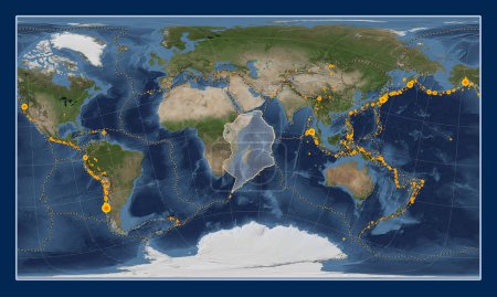 Téléchargez les photos : Plaque tectonique somalienne sur la carte satellite Blue Marble dans la projection oblique cylindrique de Patterson centrée méridionale et latitudinale. Lieux des tremblements de terre de plus de 6,5 magnitude enregistrés depuis le début du 17ème siècle - en image libre de droit