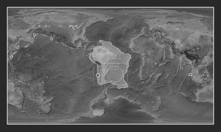 Photo for South American tectonic plate on the grayscale elevation map in the Patterson Cylindrical Oblique projection centered meridionally and latitudinally. Locations of earthquakes above 6.5 magnitude recorded since the early 17th century - Royalty Free Image