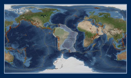 Photo for South American tectonic plate on the Blue Marble satellite map in the Patterson Cylindrical Oblique projection centered meridionally and latitudinally. Distribution of known volcanoes - Royalty Free Image