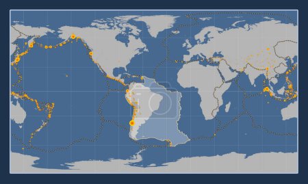 Téléchargez les photos : Plaque tectonique sud-américaine sur la carte de contour solide dans la projection cylindrique Patterson centrée méridionale. Lieux des tremblements de terre de plus de 6,5 magnitude enregistrés depuis le début du 17ème siècle - en image libre de droit