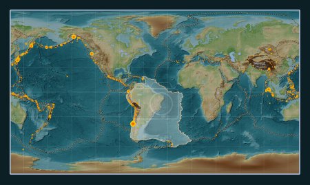 Foto de Placa tectónica sudamericana en el mapa de elevación de estilo Wiki en la proyección cilíndrica Patterson centrada meridionalmente. Localizaciones de terremotos de magnitud superior a 6,5 registradas desde principios del siglo XVII - Imagen libre de derechos